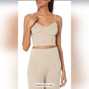The Drop Women's Beige Crop Top And Flared Ribbed Pants Set Size S
